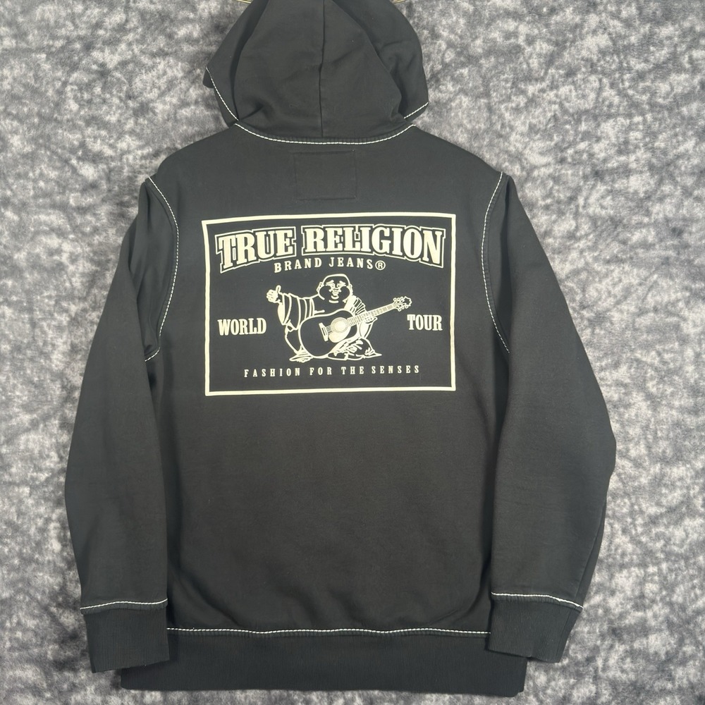 True Religion Zip Up Jacket Mens Size XL Black World Tour Graphic Print Hoodie